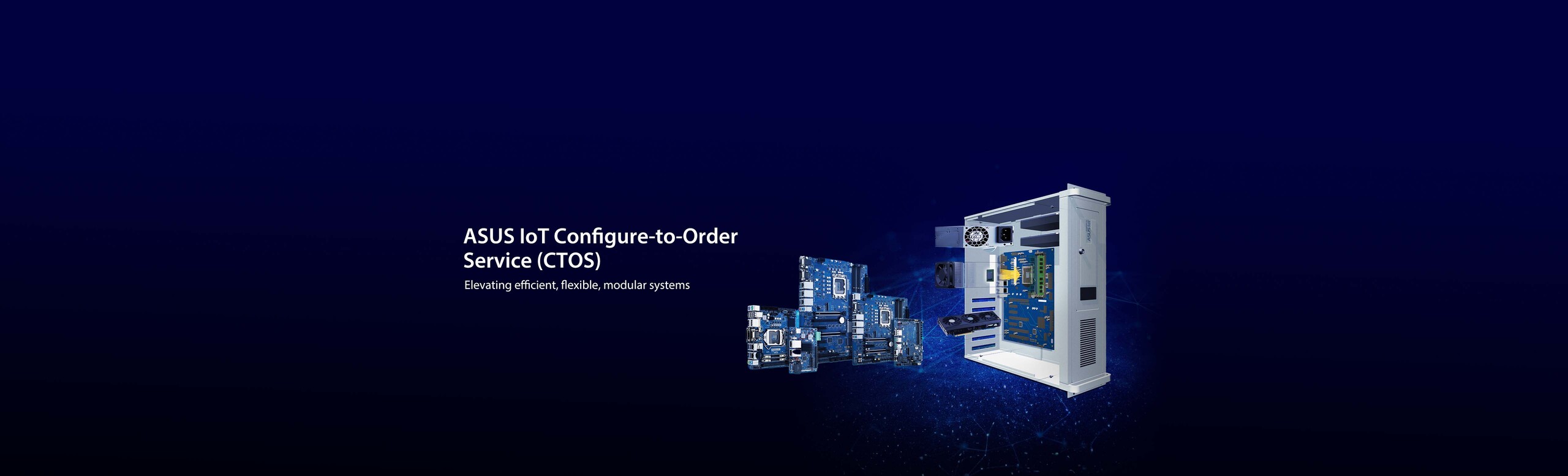 Dark blue background showcasing ASUS IoT Configure-to-Order Service (CTOS) Solution, modular products, and industrial motherboards