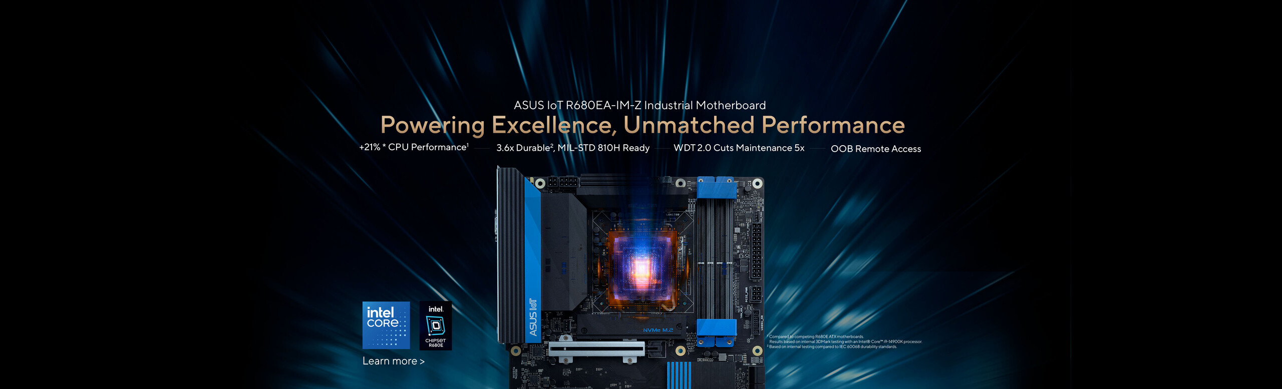 Industrial motherboard with glowing CPU highlight, showcasing performance power with slogan "Powering Excellence, Unmatched Performance"