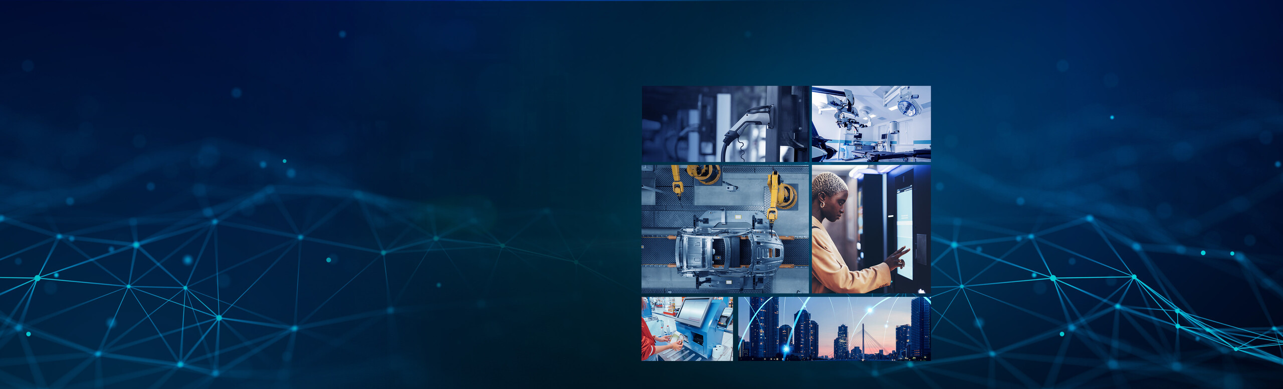 Blue background with six images displayed in the middle, respectively showing an electric vehicle charging station, a dental hospital, an automated assembly line with robotic arms, a person interacting with a touchscreen interface, a technician working on a kiosk, a city with light blue lines in the sky.