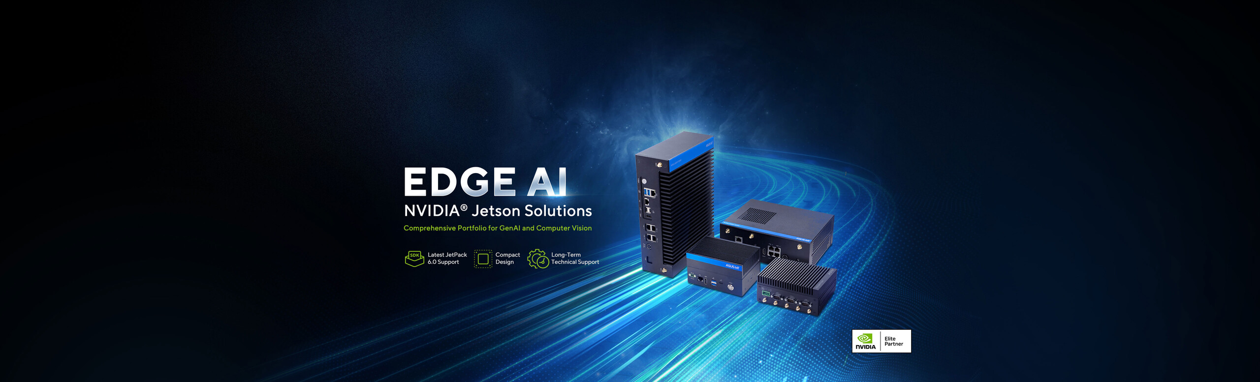ASUS IoT Edge AI NVIDIA Jetson product family photo of complete four models with lighting background to deliver advance AI technology