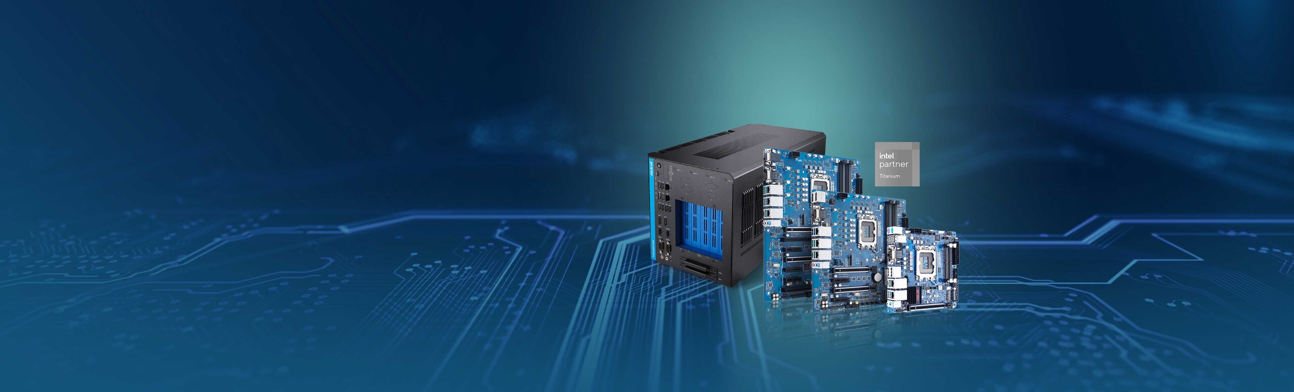 ASUS IoT showcases cutting-edge industrial motherboards and edge AI systems designed for Intel® Core™ processors (14th gen). The image features the ASUS edge computer, industrial motherboards, and the Intel partner logo against a blue background