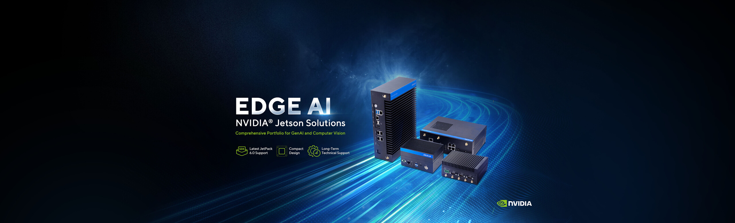 ASUS IoT Edge AI NVIDIA Jetson product family photo of complete four models with lighting background to deliver advance AI technology