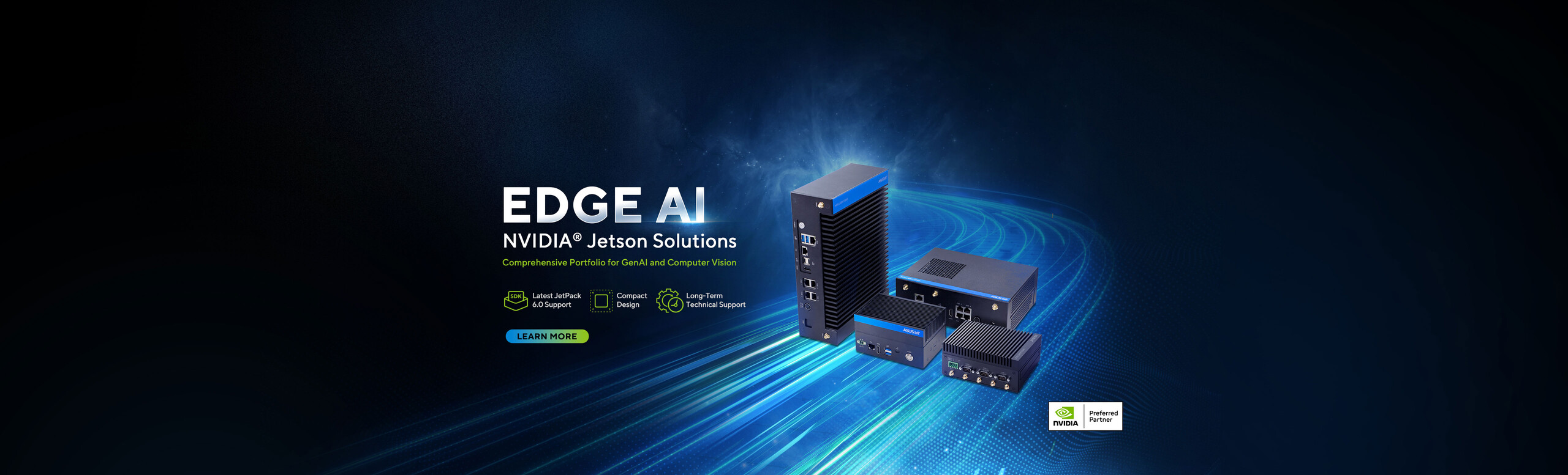 ASUS IoT Edge AI NVIDIA Jetson product family photo of complete four models with lighting background to deliver advance AI technology